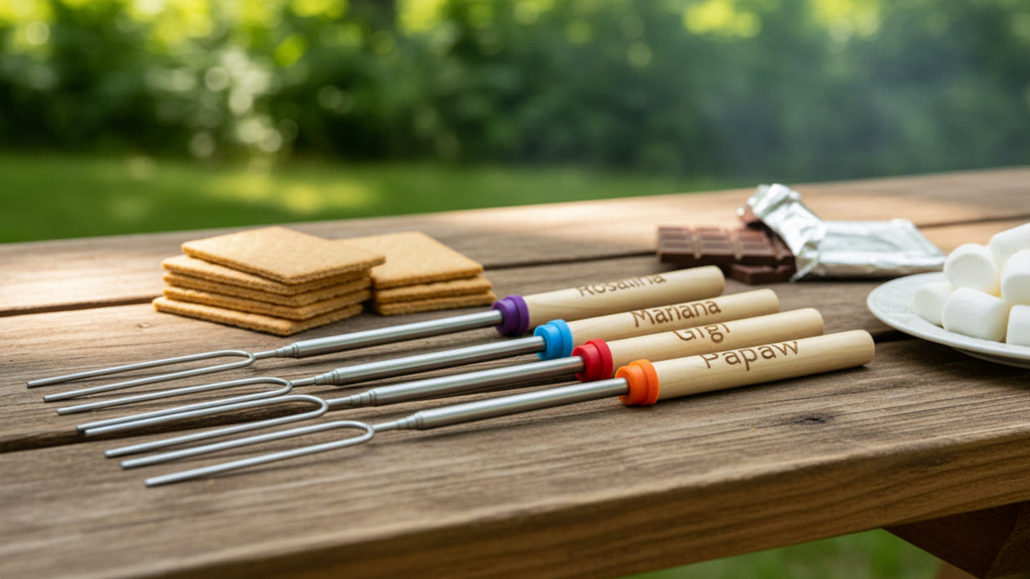 Personalized Roasting Sticks Set with Bag and Personalized Tag