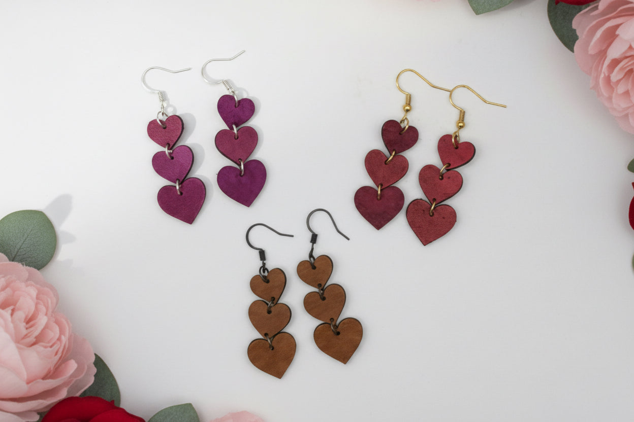 Triple Heart Earrings - Leather