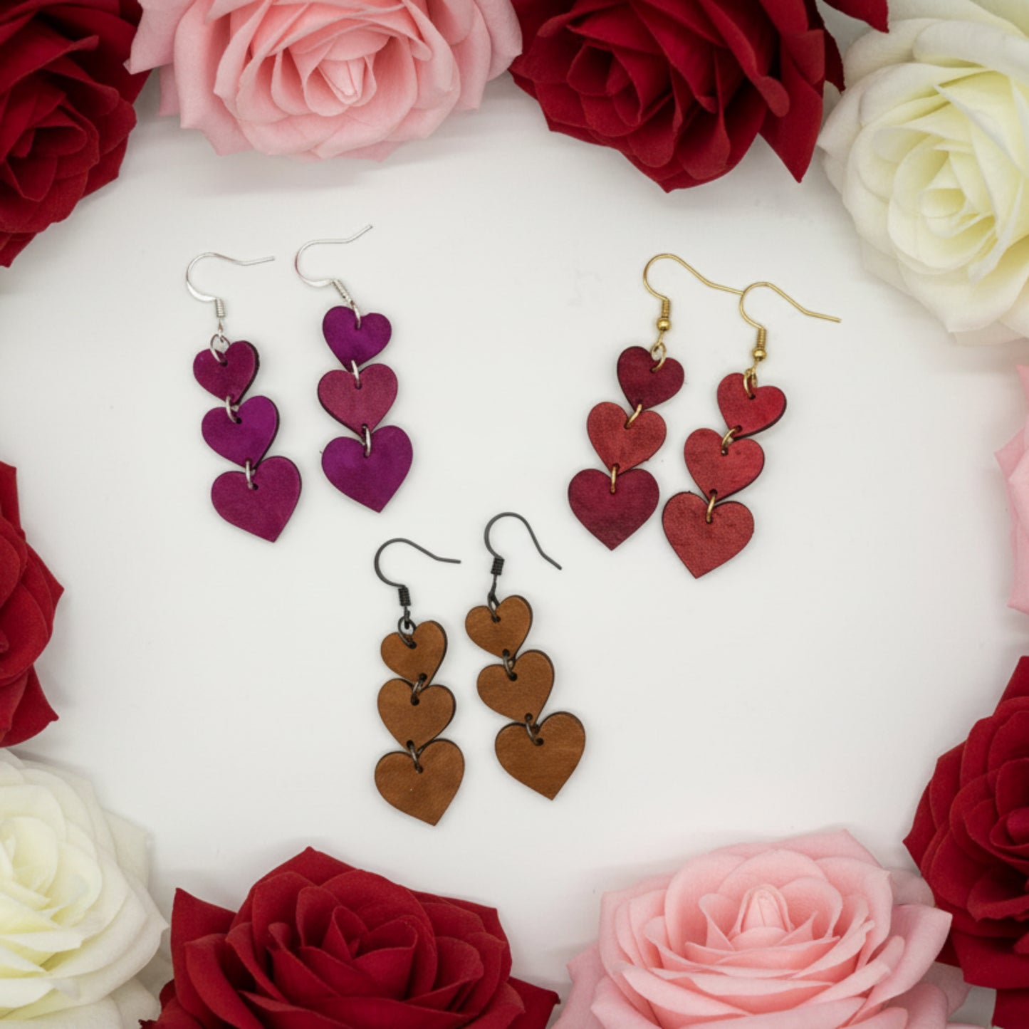 Triple Heart Earrings - Leather