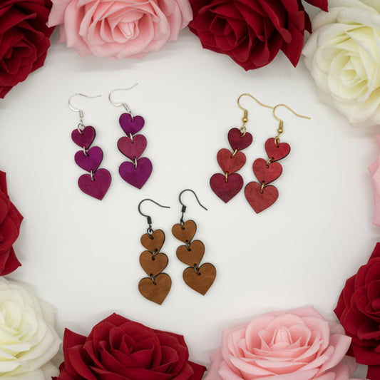 Triple Heart Earrings - Leather