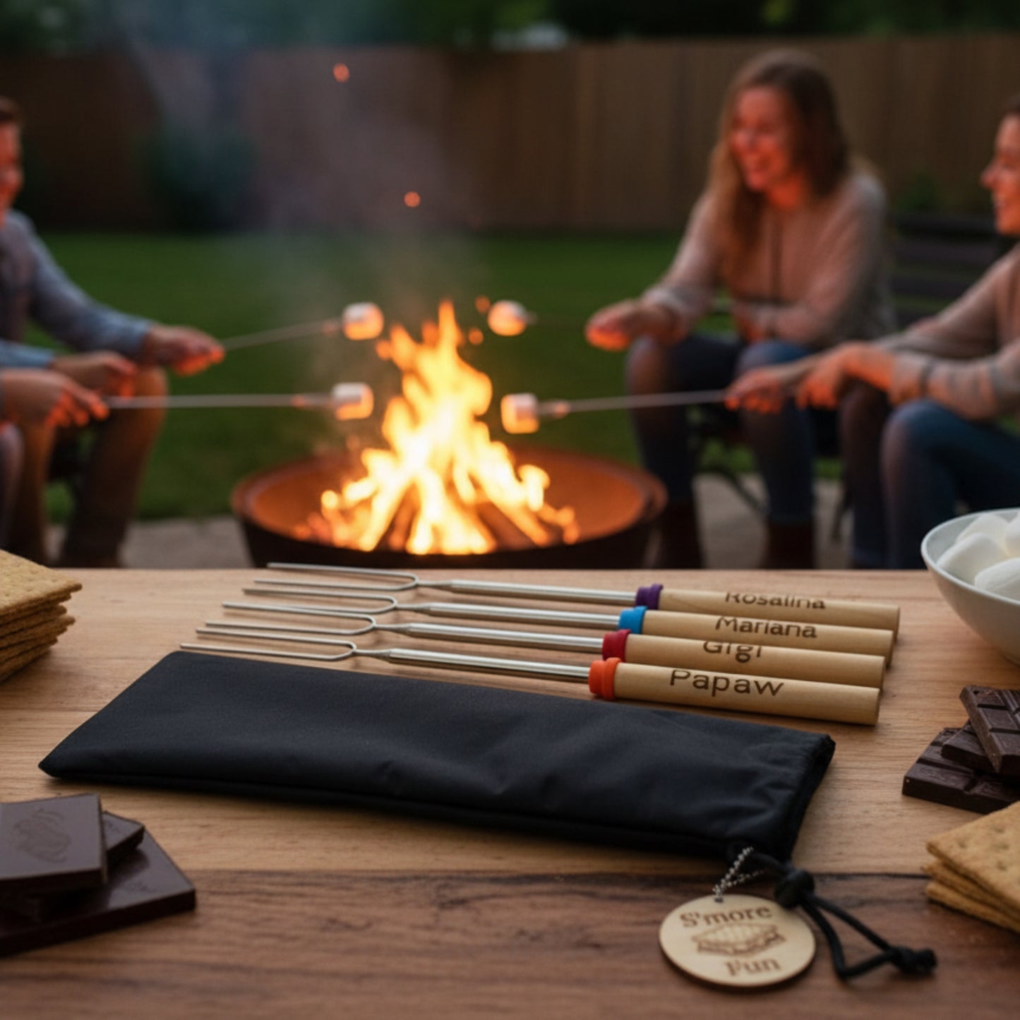 Personalized Roasting Sticks Set with Bag and Personalized Tag